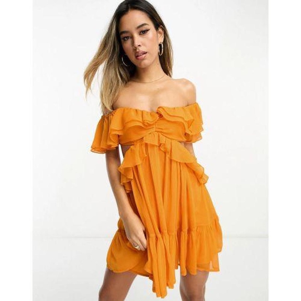 ASOS Orange Off Shoulder Ruffled Cut Out Mini Dress